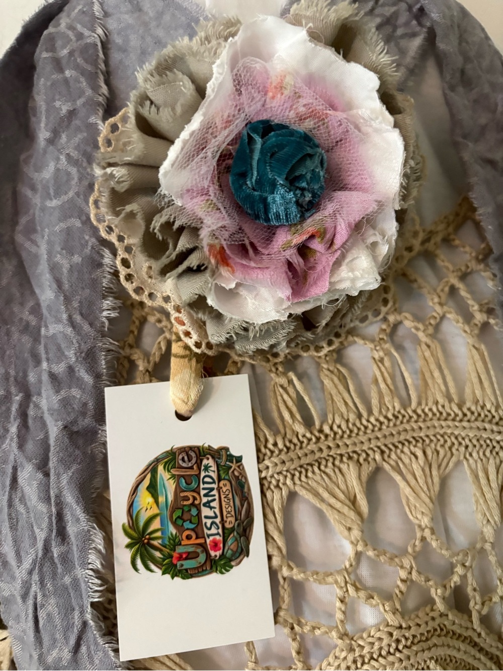 Upcycle Island Floral Fabric Necklace - Pink, Teal & Cream Jabot Choker Brooch
